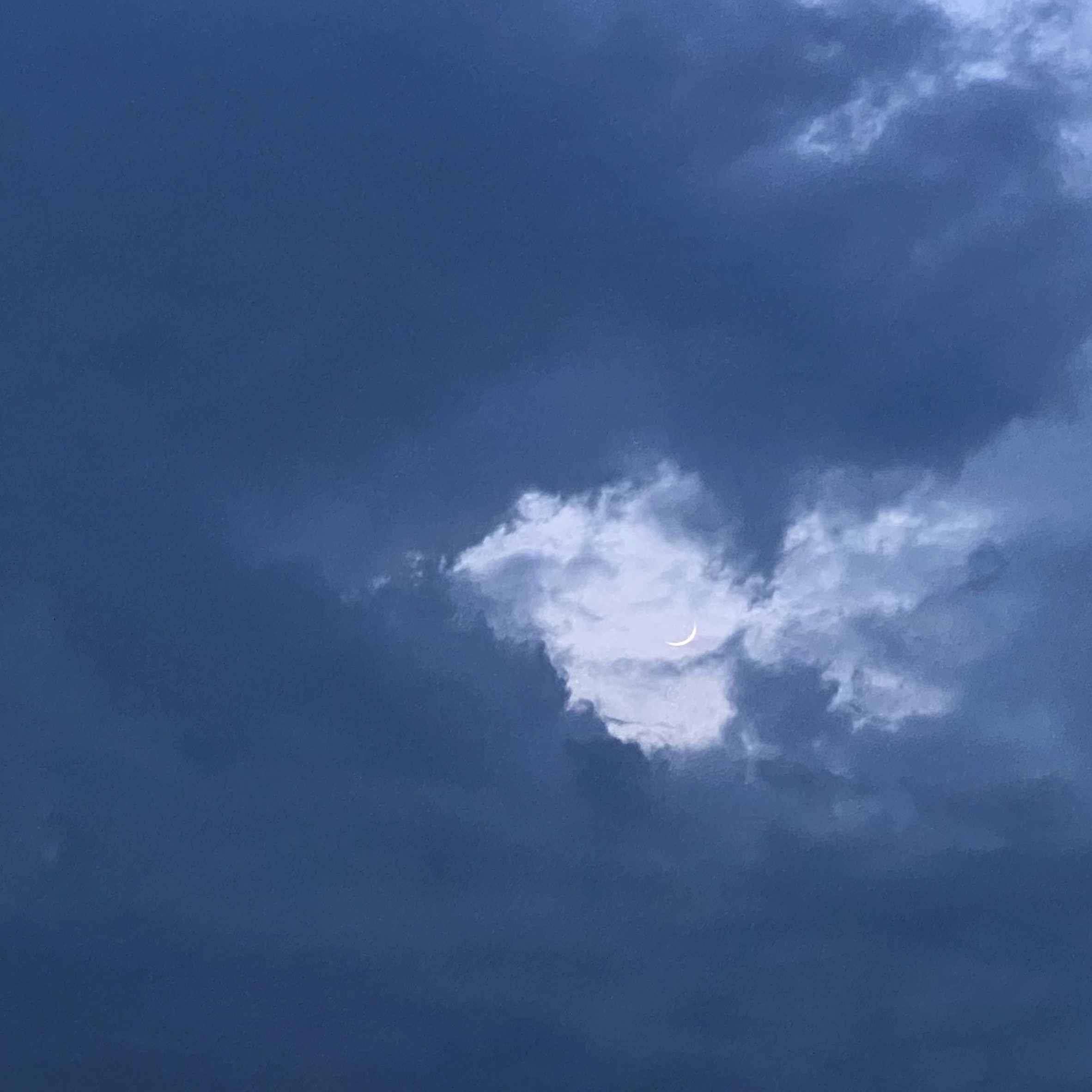 Dark clouds surround a crescent moon.